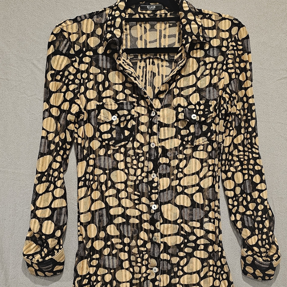 S Line Black Label Tan & Black Sheer Mesh Button Up Blouse with Roll Tabs